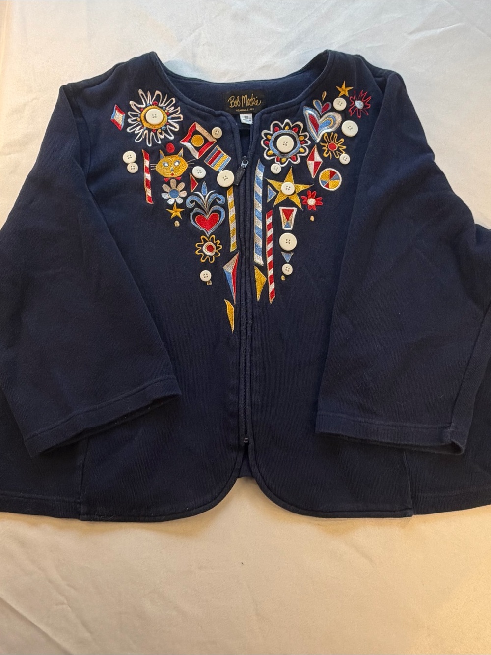 Bob Mackie Wearable Art 3X Navy Folk Art Cat Embroidered Button Zip Cardigan